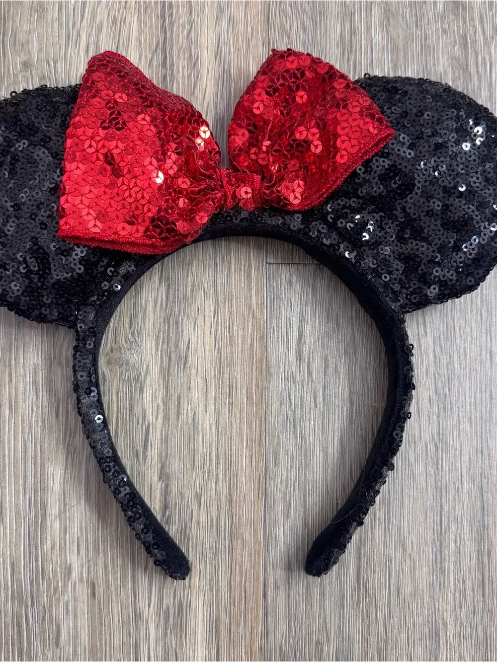 Disney Black Sequin Minnie Ear Headband with Red Bow